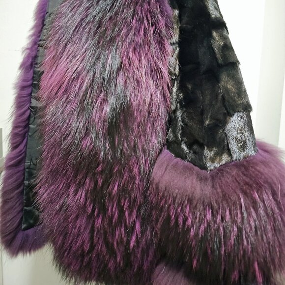 Genuine Sectioned Black Mink Fur Jacket Coat Purple Raccoon Collar Cuffs No Fox - Picture 5 of 6